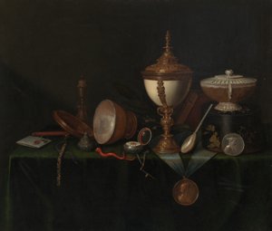 Stilleben med strutsäggkoppen och Whitfield Heirlooms, ca. 1670. av Pieter Gerritsz van Roestraeten