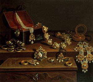 Skrin med juveler på ett bord, huvudsakligen av tyskt ursprung (1600-50)