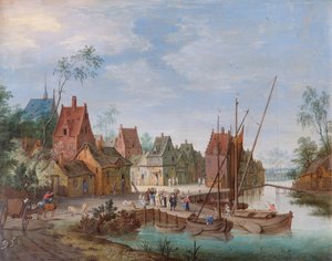 A Flemish Village: The River Landing Stage (olja på koppar)