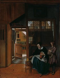 En kvinna som förbereder bröd och smör till en pojke, ca. 1660