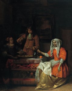 Interiör med två kvinnor och en man som dricker och äter ostron