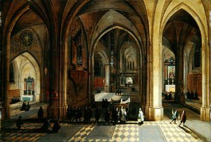 Interiören i en gotisk katedral med en procession (olja på panel) av Pieter II and Franken Frans II Neefs