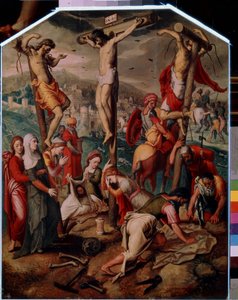 Golgata (Golgata). På Golgata korsfästas Jesus Kristus med de andra två dödsdömda. Han bär INRI-tecknet (I.N.R.I.) på korset. Vid foten sörjer Maria Magdalena Jesu död, hennes flaska välter på marken. Sankta Veronica av Pieter I Pietersz