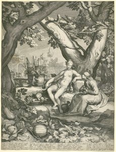 Vertumnus lånar figuren av en gammal kvinna för att vinna Pomonas kärlek, 1605 (gravyr på lagt papper) av Pieter Janszoon Saenredam