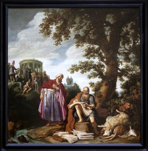 Hippokrates (från Cos, 460-370 f.Kr.) på besök hos Demokrit (från Abdere, 460-370 f.Kr.). Målning av Pieter Lastman (1583-1633), Olja på duk