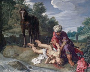 Den barmhärtige samariten sköter om resenärens sår (Luk 10:25-37) av Pieter Lastman
