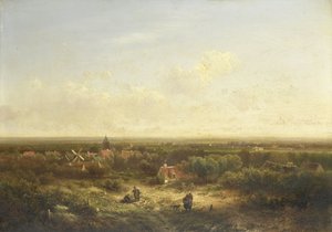 Avlägsen utsikt med en by av Pieter Lodewijk Francisco Kluyver