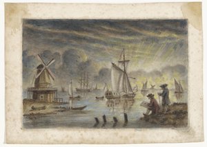 Kustutsikt med fartyg, kvarn och en tecknare av Pieter Louw (attributed to)