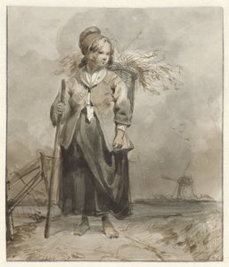 Stående kvinna med pinne och korg på baksidan av Pieter Marinus van de Laar (attributed to)