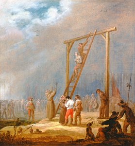 En avrättning vid en galge (olja på panel)