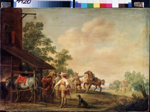 Forge (A Forge). En hovslagare (hovslagare) tar på sig en hästsko. Målning av Pieter Meulenaer (Peter eller Pierre