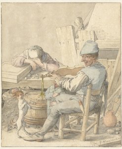 Interiör med en man som spelar fiol, en sovande kvinna och en dansande hund av Pieter Moninckx