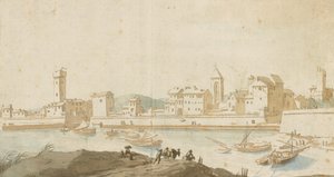 Utsikt över Civitavecchia med hamnmuren av Pieter Moninckx
