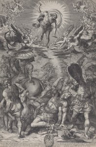 Omvändelsen av Saulus, som ligger på marken omgiven av hästar och soldater som Kristus..., 1583