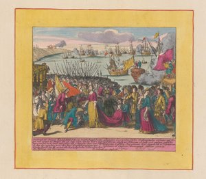 Ankomst av prinsessan Elisabeth Christine av Wolfenbüttel till Mutaro, 1708 Ankomst av prinsessan Elizabeth av Wolfenbuttel drottning av Spanien (...) (titel på objektet) Krigets teater, början av kung Karl II. Tills kung Karel de I av Pieter Schenk (I)