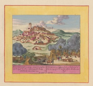 Belägring av Albuquerque, 1705 Alberquerque, i Spanien, från Portugals gränser vid Elvas, underkastar sig kung Carel III, den 10 juni 1705 (titel på objektet) Krigets teater, början av kung Karl II. Vi ses på King Kar av Pieter Schenk (I)