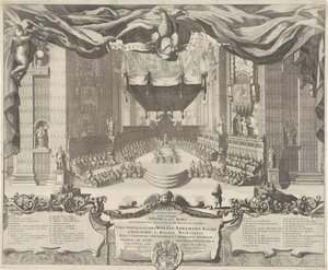 Utsikt i Sint-Pietersbasiliek En teater som representerar brotten som äger rum i Peterstemplet i staden Rom (titel på objektet) av Pieter Schenk (I)