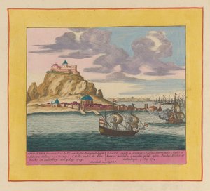 Erövringen av Gibraltar av en anglo-holländsk flotta, 1704 Gibraltar erövrats av Pr. van Hessen Darmstadt, med den landsatta milisen av Eng : en Holl : under Adm : Rooke och Callenberg den 4 aug : 1704 (...) (titel på objekt) Teater