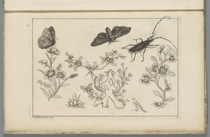 Tre blomgrenar med fåglar, fjärilar och en insekt Kinesiska blommor och insekter (serietitel)