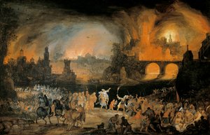 Brännandet av staden Troja. Målning av Pieter Schoubroeck (1570-1607). 1606. Kunsthistorisches Museum Wien Österrike