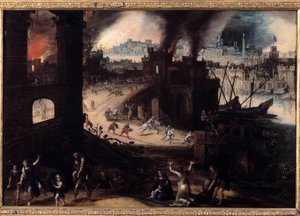 Förstörelsen av Troja Målning av Pieter Schoubroeck (1570-1607) 1600-talets Besancon. Museum of Fine Arts