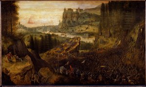 Strid mellan filistéer och israeliter: Saul och hans godsherre kastas på sitt svärd. (målning av Pieter Bruegel the Elder