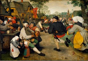 Bonddans En man spelar säckpipa tillsammans med en alkoholist. Bakom dem med flaggan finns en bordell medan byborna dansar och har roligt. Målning av Pieter Bruegel kallad den äldre (eller Pierre Breugel eller Peter Brueghel eller Breughel av Pieter Bruegel the Elder