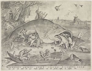 Stora fiskar äter små fiskar, graverad av Pieter van der Heyden, 1557 av Pieter The Elder after Brueghel