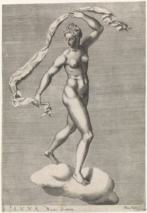 Diana som Luna på ett moln Luna Noctis Domina (titel på objekt) De sju planeterna (titel på objekt) av Pieter Valck