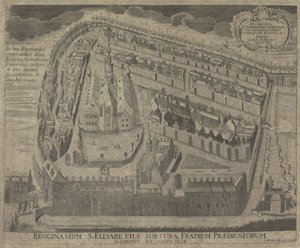 Utsikt över Sint-Elisabethbegijnhof en de Sint-Elisabethkerk te Gent Begginasium of St. Elizabeth under vård av Preachers of Gent från år 1234 (titel på objekt) av Pieter Wauters