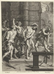 Kristi flagellation av soldater Ego i flagella paratus sum (titel på objekt) av Pieter de Bailliu (I)