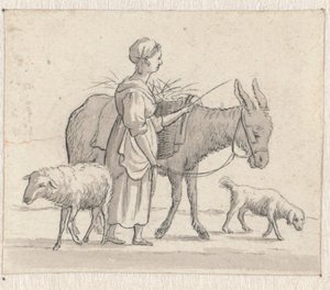 Kvinna med åsna, får och hund