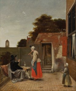 En man som röker och en kvinna som dricker på en innergård, c.1658-60