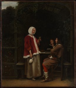 En kvinna och två män i en berså av Pieter de Hooch