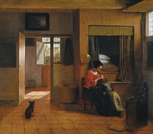 Invändigt rum med en mamma som rengör sitt barns hår, känt som "Mammas jobb" av Pieter de Hooch
