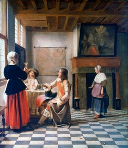 Interiör, kvinna som dricker med två män och en tjänstekvinna, c1658