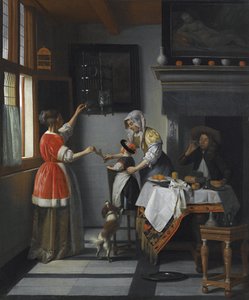 Interiör med ett barn som matar en papegoja par Hooch, Pieter, de av Pieter de Hooch