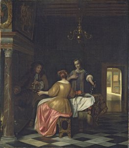 Interiör med en gentleman och två damer som samtalar, ca 1668-70 (olja på duk) av Pieter de Hooch