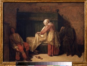 ""The Morning of a Young Man"" (The Morning of a Young Man) En ung man förbereder sig för att vakna medan en piga bäddar om sängen. På golvet en toffel och en kammarkruka. Målning av Pieter de Hooch (1629-1684) 1655-1657 Pushkin Museum, Moskva av Pieter de Hooch
