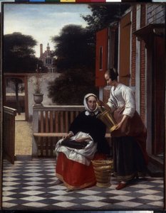 matte och hennes tjänare. (En älskarinna och hennes hembiträde). Husets älskarinna på terrassen upptagen med ett arbete med att sy ser på det arbete som utförts av hennes tjänare. Målning av Pieter de Hooch (1629-1684)
