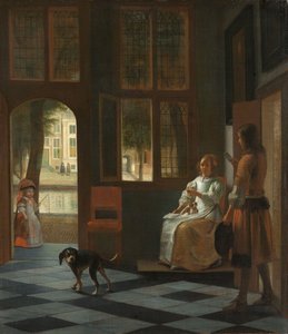 Man räcker ett brev till en kvinna i entréhallen till ett hus, 1670