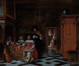 Porträtt av en familj som spelar musik av Pieter de Hooch