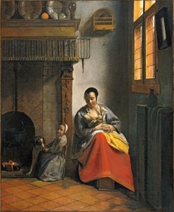 Kvinna som ammar ett spädbarn, med ett barn och en hund av Pieter de Hooch
