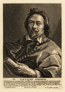 Porträtt av Jacques Jordaens, flamländsk målare, ritare och gobelängdesigner känd för sina historiemålningar, genrescener och porträtt av Pieter de II Jode