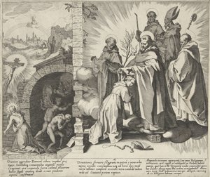 Catharina bidd / Visioen van Catharina / Catharina wordt Dominicanes Scènes uit het leven och wonderen van de Heilige Catharina van Siena (serietitel) Life, Death, and Selected Miracles of B. Catherine the Elder (...) (serietitel) av Pieter de Jode (I)