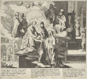Catherine dyker upp / Catherines bröllop / Catherine delar sin mantel Scener från Saint Catherine of Sienas liv och mirakel (serietitel) Vita mors gesta, et miracula quaedam selecta B. CATHERINAE SENENSIS (...) (serietitel) av Pieter de Jode (I)