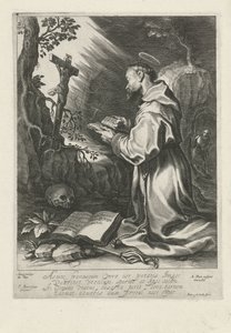 Saint Francis knäböjer framför krucifixet