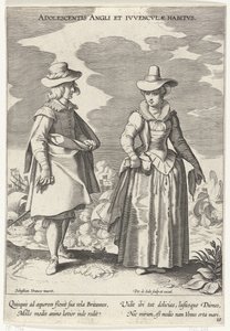 Paar, klädd enligt de engelska mode, ca. 1610 Ungdomens engelska och engelska vanor (titel på objekt) Kostuums uit verschiedelden landen (serietitel) Ornaments of Various Nations (serietitel) av Pieter de Jode (I)