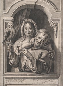 En dåre med en uggla och en kvinna vid ett fönster, 1600-talet.