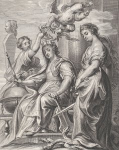 Allegory of Good Government, sittande i mitten och krönt av en putto och en wo..., ca. 1640-74. av Pieter de Jode II